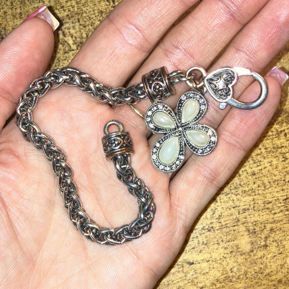 Brighton Silver-Tone Bracelet with Cream Mother-of-Pearl Clover Charm